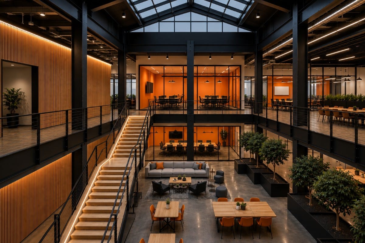 Industrial warehouse renovation with concrete flooring and high ceiling commercial space